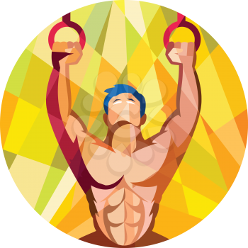 Low polygon style illustration of a crossfit athlete body training weight exercise hanging on gymnastic ring dip kipping muscle up facing front inside circle done in retro style on isolated background