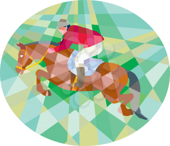 Low polygon style illustration of a horse and jockey equestrian show jumping viewed from side set inside oval.