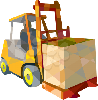 Low polygon style illustration of a forklift truck and driver at work lifting handling box crate set on isolated white background. 