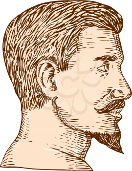 Etching engraving handmade style illustration of a man viewed from the side with goatee set on isolated white background. 
