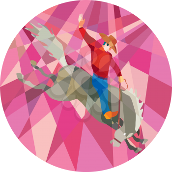 Low polygon style illustration of rodeo cowboy riding bucking horse bronco viewed from the side set inside circle on isolated background.