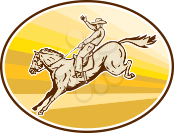 Illustration of rodeo cowboy riding horse jumping viewed from the side set inside oval with sunburst in the background done in retro style. 