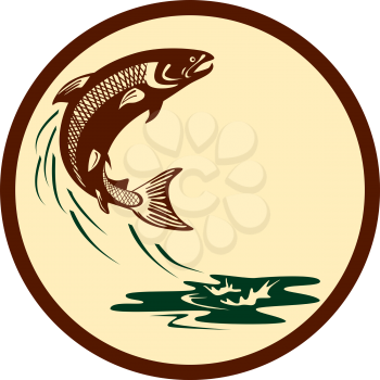 Illustration of an Atlantic salmon fish jumping in water set inside circle viewed from the side on isolated background done in retro style. 