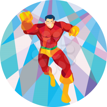 Low polygon style illustration of a superhero running punching viewed from front set inside circle.