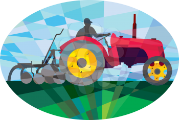 Low polygon style illustration of a farmer driving riding vintage tractor plowing field viewed from the side set inside an oval. 