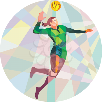 Low polygon style illustration of a volleyball player spiker jumping spiking hitting ball viewed from the side set inside circle on isolated background.