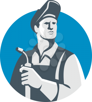 Illustration of welder worker wearing hat holding welding torch looking to the side  set inside circle on isolated background done in retro style.
