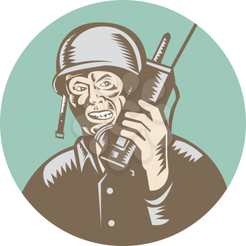 Illustration of a World War two American soldier serviceman talking on field radio walkie-talkie viewed from front set inside circle on isolated background done in retro woodcut style. 