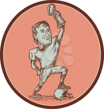 Drawing illustration of an american football quarterback player raising up championship trophy stepping on helmet set inside circle on isolated background. 