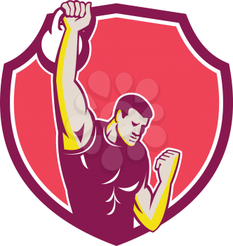 Illustration of an athlete performing a kettlebell one-arm high pull facing front set inside crest done in retro style.