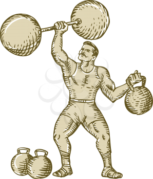 Etching engraving handmade style illustration of a strongman circus performer lifting barbell on one hand and kettlebell on the other hand set on isolated white background. 