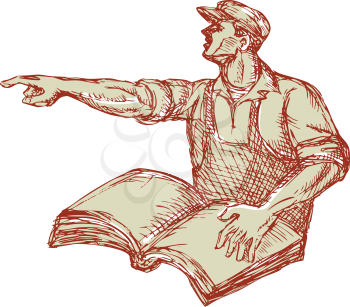 Drawing illustration of a protester activist unionist union worker with book pointing to the side set on isolated white background. 