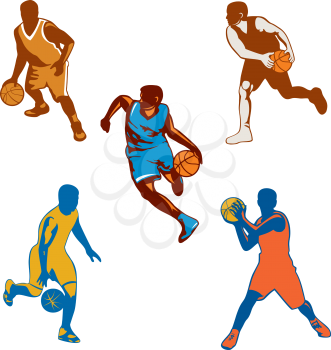 Collection or set of illustrations of basketball player dribbling and passing the ball on isolated white background.