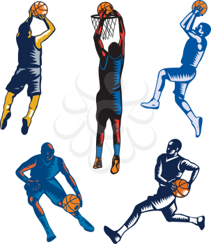 Collection or set of illustrations of basketball player jump shot jumper shooting jumping dunking and dribbling on isolated white background done in retro woodcut style.