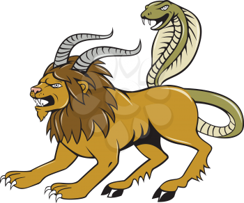 Illustration of a Chimera, mythical creature of Greek mythology depicted as a lion, with the head of a goat arising from its back, and a tail that ended in a snake's head viewed from side done in cart