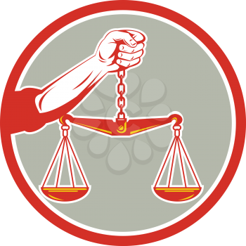 Illustration of a hand holding weighing scale scales of justice viewed from front set inside circle on isolated background done in retro style.