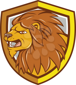 Illustration of an angry lion big cat head roaring viewed from the side set inside shield crest on isolated background done in cartoon style. 
