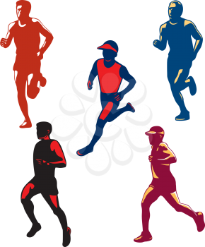 Collection or set of illustrations of marathon triathlete runner running on isolated background done in retro style.