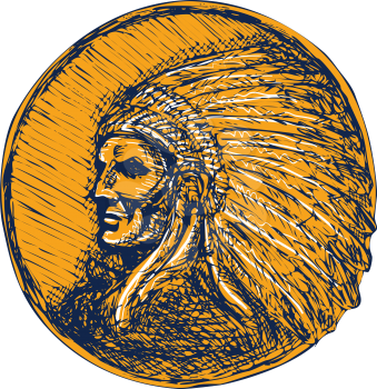 Drawing illustration of a native american indian chief warrior with headdress facing side set on isolated background.