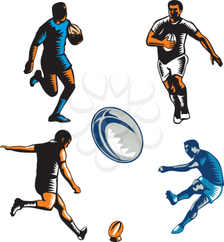 Collection or set of illustrations of rugby player kicking and running with ball on isoalated background done in retro woodcut style.