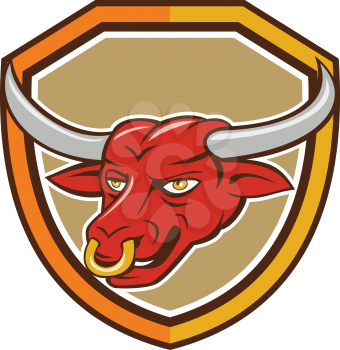 Illustration of a texas longhorn bull head with nose ring set inside shield on isolated background done in cartoon style. 