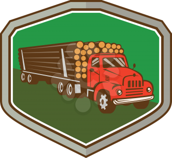 Illustration of a vintage logging truck carrying truckload logs of wood viewed from side front set inside shield crest on isolated background done in retro style. 