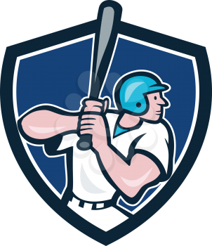 Illustration of an american baseball player batter hitter batting with bat viewed from side done in cartoon style set inside shield crest. 