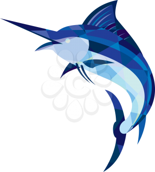 Low polygon style illustration of a blue marlin fish jumping viewed from the side set on isolated white background. 