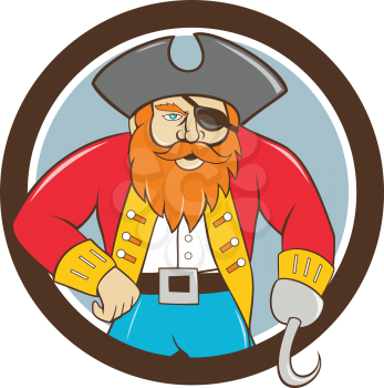 Illustration of a pirate captain hook viewed from front set inside circle done in cartoon style. 