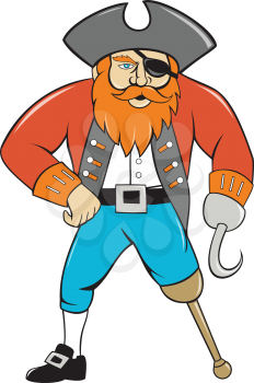 Illustration of a pirate captain hook standing with one wooden leg viewed from front set on isolated white background done in cartoon style. 