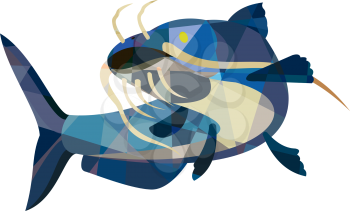 Low polygon style illustration of a ray-finned fish catfish also known as mud cat, polliwogs or chucklehead looking up set on isolated white background. 