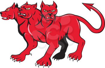 Illustration of cerberus, in Greek Roman mythology, a multi-headed usually three-headed dog or hellhound with a serpent's tail and  lion's claws done in cartoon style.