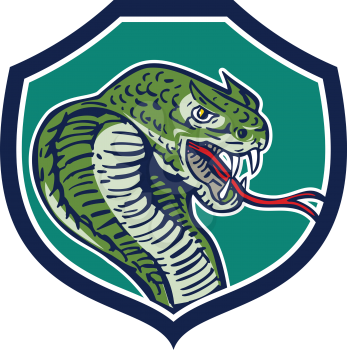 Illustration of a cobra viper snake serpent showing fangs and forked tongue viewed from side set inside shield crest done in retro style.