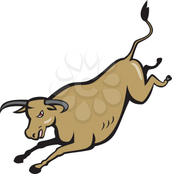 Illustration of a texas longhorn bull jumping viewed from front set on isolated white background done in cartoon style. 