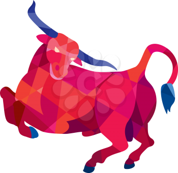 Low polygon style illustration of a texas longhorn bull prancing viewed from the side set on isolated white background. 