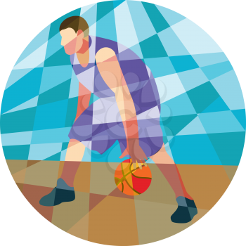Low polygon style illustration of a basketball player dribbling ball facing front set inside circle. 