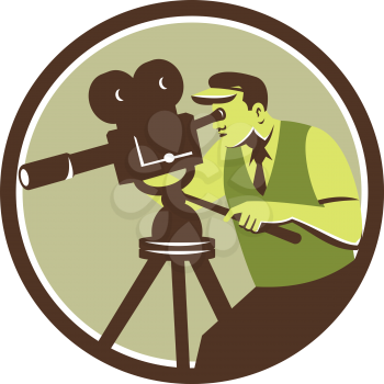 Illustration of a cameraman movie director with vintage camera filming shooting looking into lens viewed from the side set inside circle done in retro style.