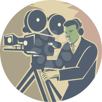 Illustration of a cameraman moviemaker movie director wearing headphones filming with vintage camera set inside circle done in retro style.