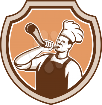 Illustration of a chef cook or baker blowing bull horn set inside shield crest on isolated background done in retro style.