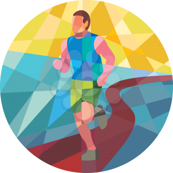 Low polygon style illustration of marathon triathlete runner running in action set inside circle.