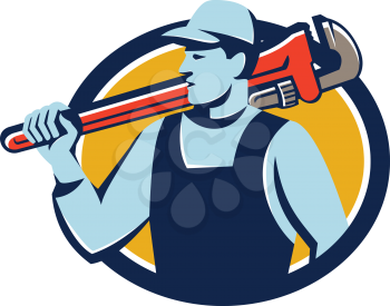 Illustration of a plumber holding monkey wrench on shoulder looking to the side set inside circle on isolated background done in retro style. 