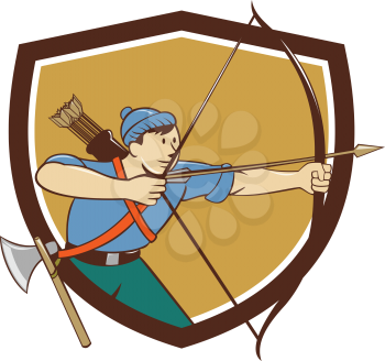 Illustration of an archer aiming with long bow and arrow viewed from side set inside crest shield done in cartoon style.