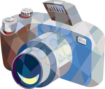Low polygon style illustration of a camera dslr facing front viewed from top set on isolated white background.