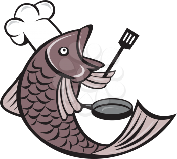 Illustration of a fish chef cook holding spatula and frying pan viewed from the side set inside on isolated white background done in cartoon style. 