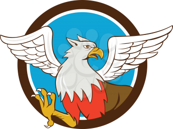 Illustration of a hippogriff or hippogryph, legendary creature with front quarters of an eagle and the hind quarters of a horse set inside circle shape done in cartoon style.