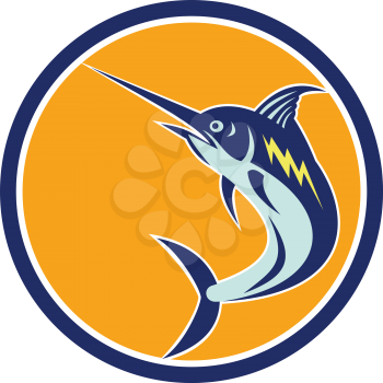 Illustration of a blue marlin fish jumping viewed from side set inside circle on isolated background done retro style. 