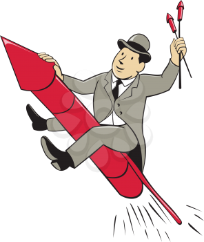 Illustration of a man in a suit wearing bowler hat holding fireworks riding fireworks rocket set on isolated white background done in cartoon style. 