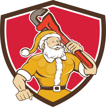 Illustration of santa claus saint nicholas father christmas carrying monkey wrench wearing yellow suit looking to the side set inside shield crest on isolated background done in cartoon style. 