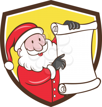 Illustration of santa claus saint nicholas father christmas smiling holding paper scroll pointing to the list set inside shield crest on isolated background done in cartoon style. 