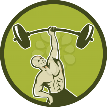 Illustration of a weightlifter lifting barbell with one hand set inside circle on isolated background viewed from front done in retro style.